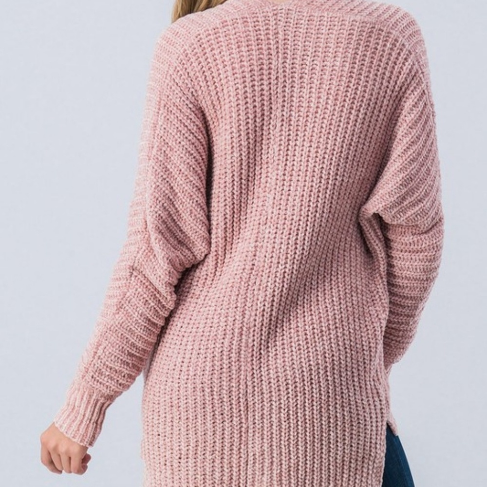 3 LEFT! Mauve chenille knit high-low cardigan - Picture 5 of 6